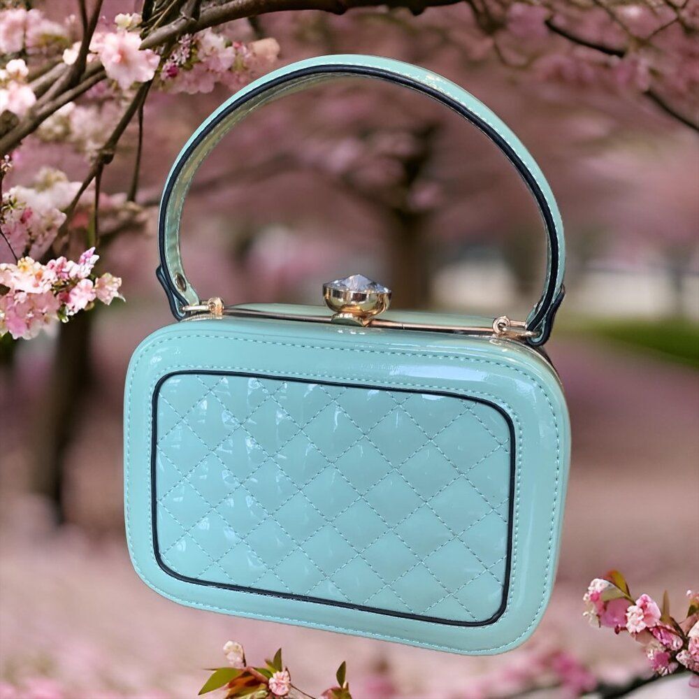 Purse, handbag, EUC, quilted turquoise vegan patent leather, holds phone